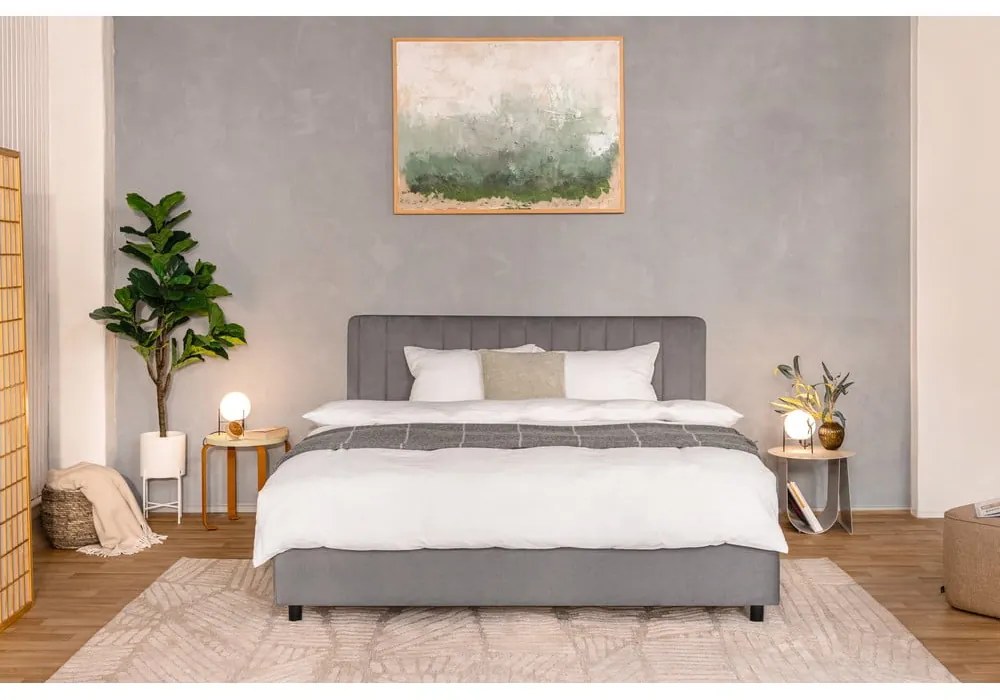 Szare tapicerowane łóżko podwójne z miejscem do przechowywania z materacem/kratką 160x200 cm Myra Slim Line - Bonami Selection