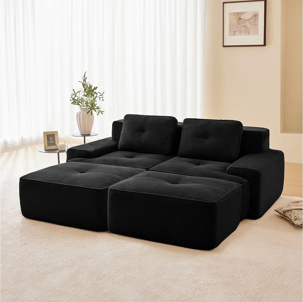 Modułowa Sofa Narożna w Welurze żebrowanym, z 2 pufami i 2 poduszkami, 204x177x69cm, Czarny