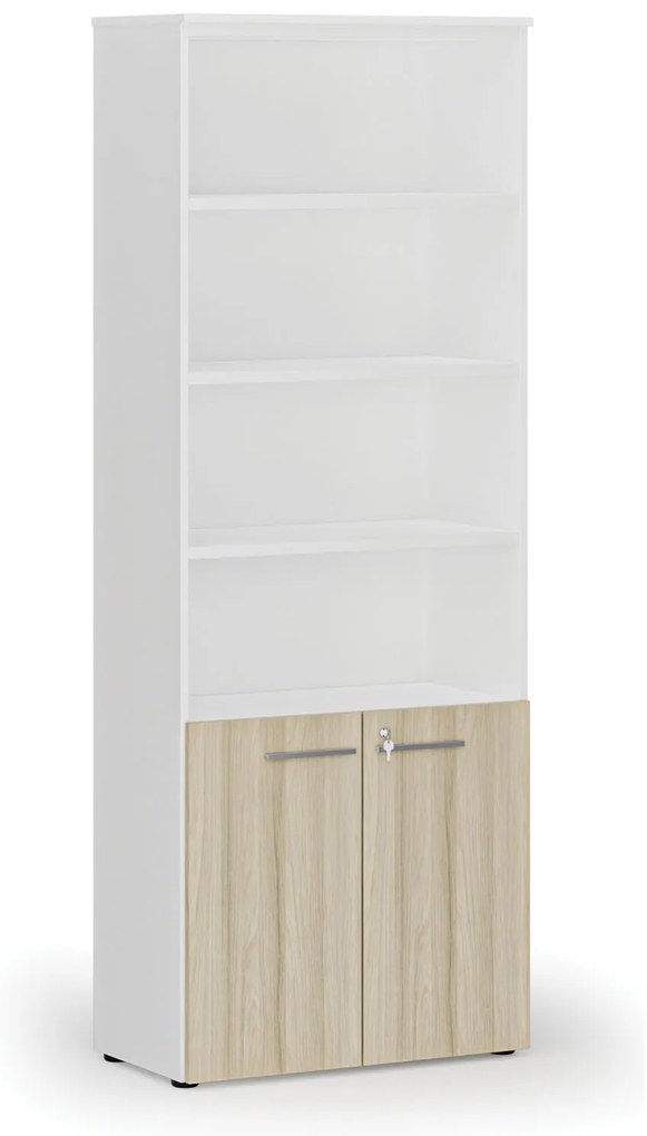 Szafa biurowa kombinowana PRIMA WHITE, drzwi na 2 poziomach, 800 x 420 x 2128 mm, biały/dąb naturalny