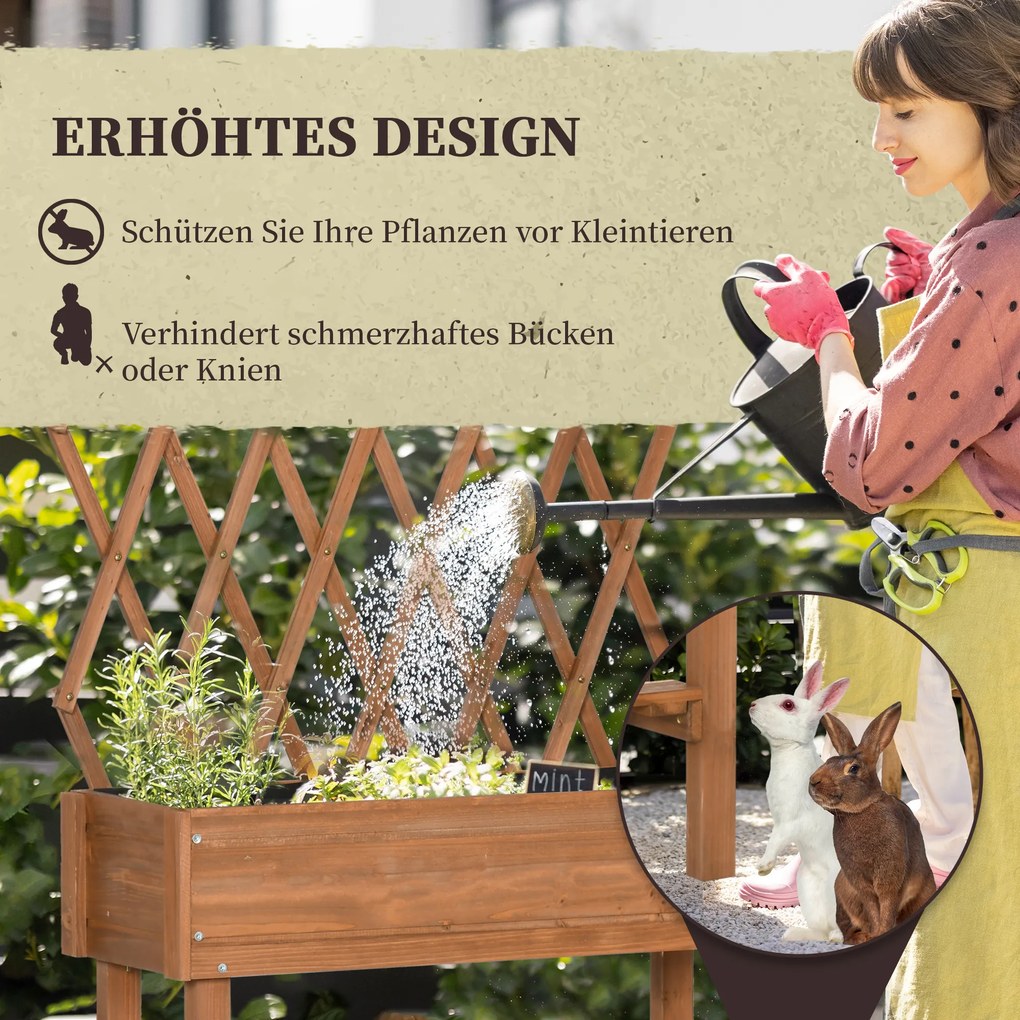 Outsunny Wysokie Łóżko Ogrodowe z Kratką do Pnączy Drewniana Doniczka z Półką na Kółkach do Balkonu | Aosom PL