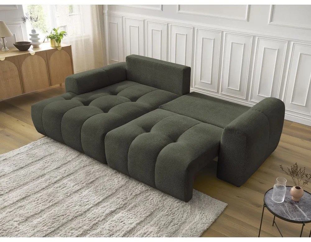 Rozkładany narożnik z tkaniny szenilowej ze schowkiem (lewostronny/z szezlongiem) w kolorze khaki Roxelane – Bobochic Paris