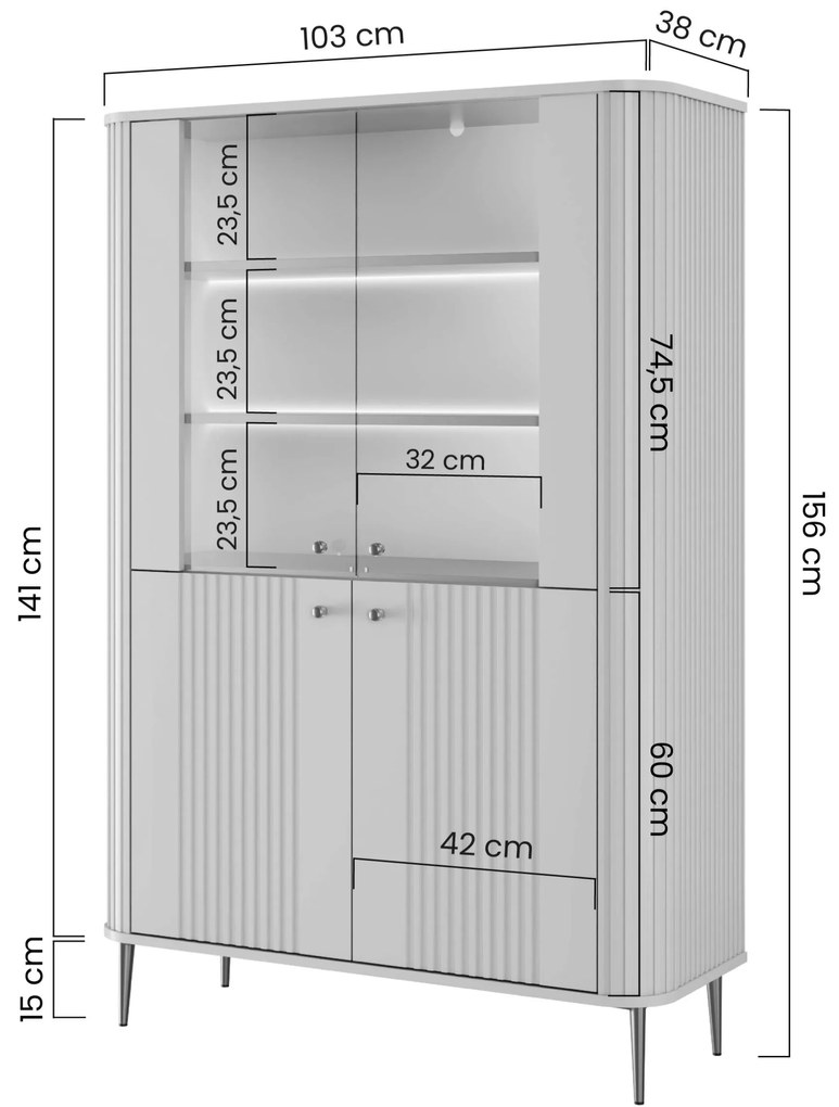 Witryna Vesper 103 cm czterodrzwiowa - kaszmir / orzech / złote nogi