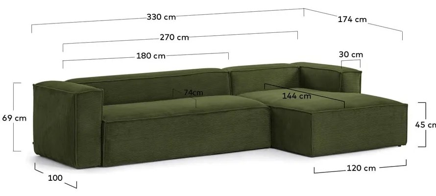 Zielony sztruksowy narożnik (prawostronny/z szezlongiem) Blok – Kave Home