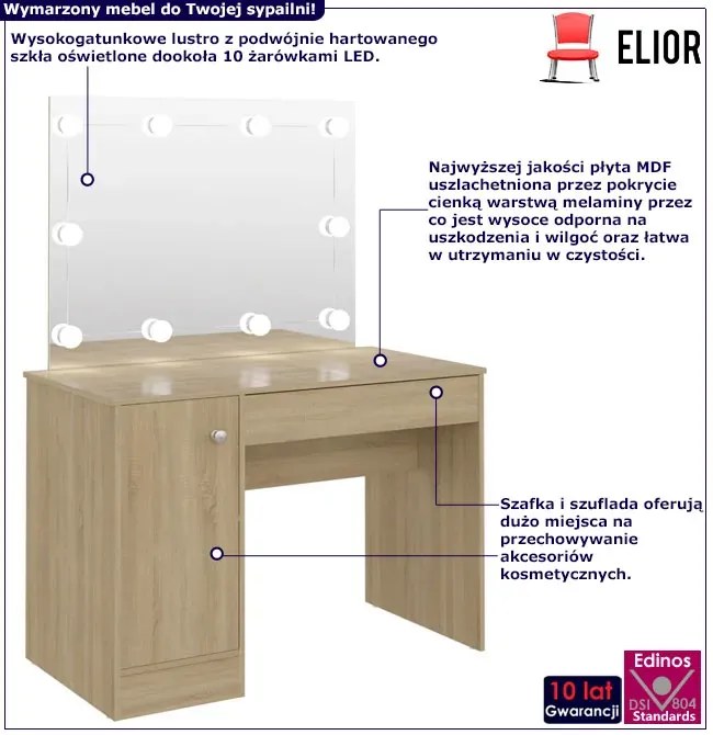Toaletka hollywood z lustrem z żarówkami led dąb P0-D30