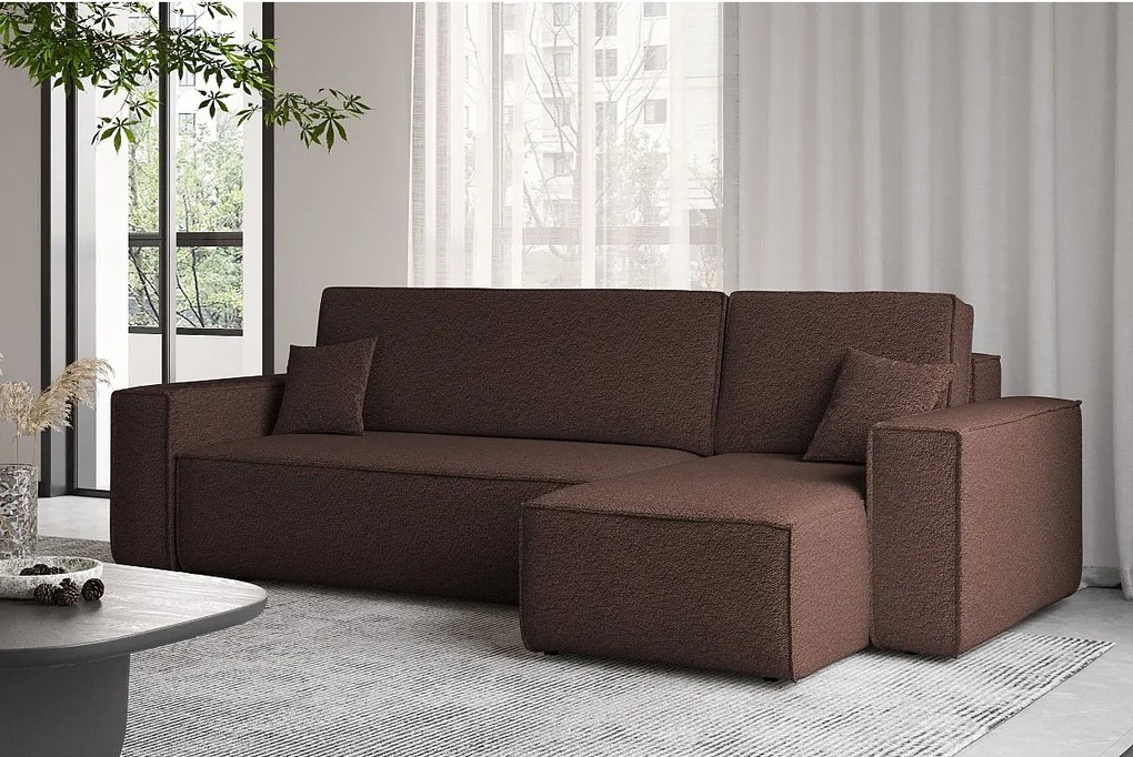 Narożnik z funkcją spania i pojemnikiem, Sofa w kształcie L, BEST L, tkanina Abriamo, Brązowy, Prawy
