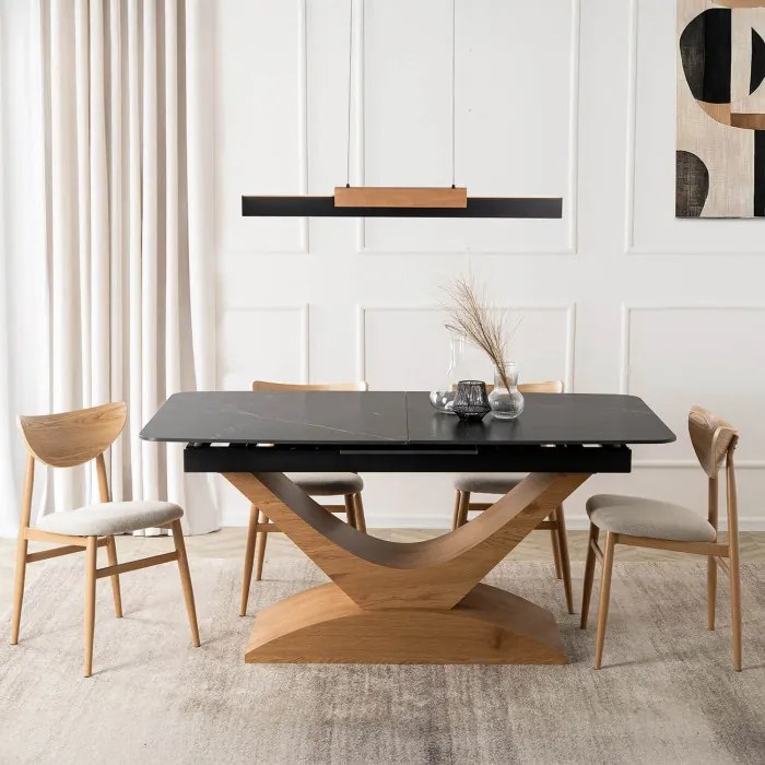 Stół Rozkładany Prostokątny ALICANTE 160-200 cm Ceramiczny Czarny/Dąb do Jadalni Nowoczesny