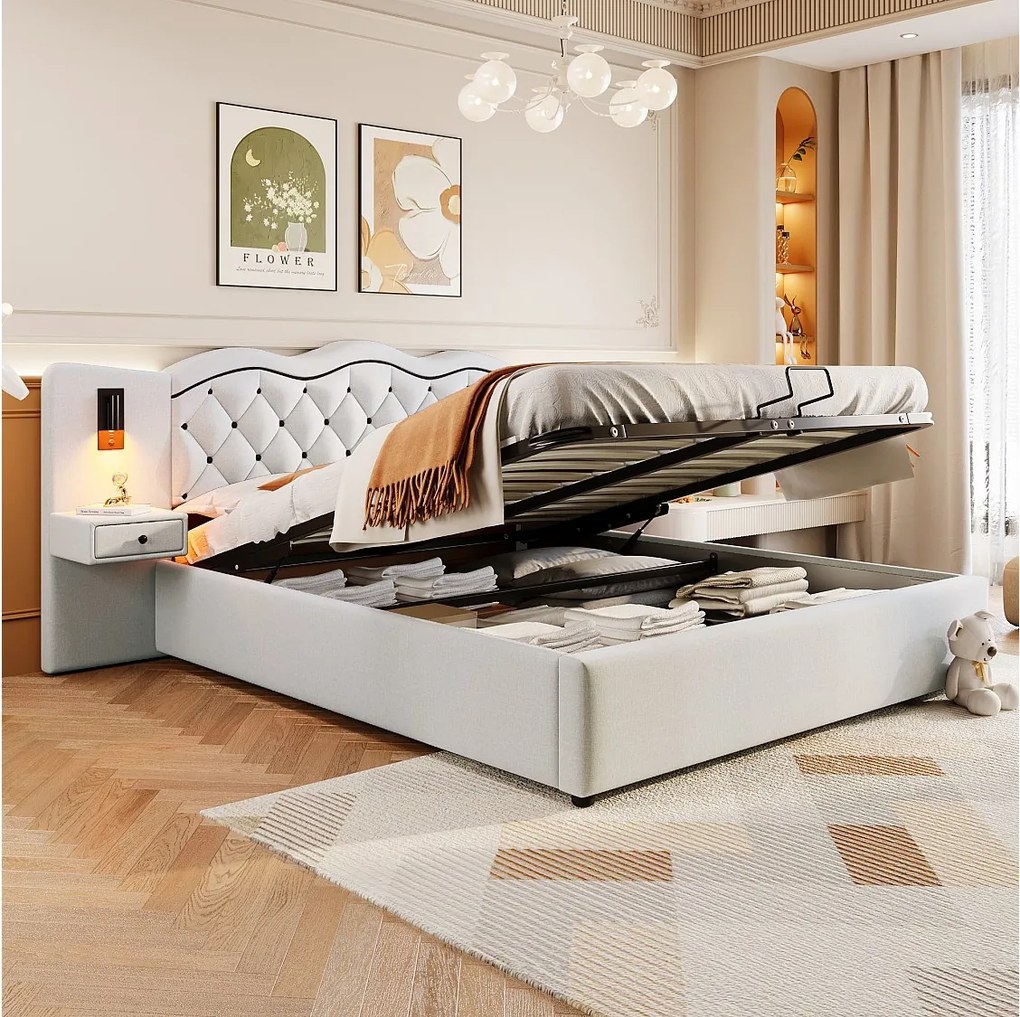 Łóżko z pojemnikiem na pościel 180 x 200 cm – z zagłówkiem, schowkiem, szufladami, portem USB – beżowe