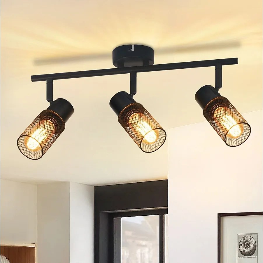 NETTLIFE Lampa sufitowa 3-punktowa czarna vintage E27 obrotowy 330° metalowy klosz do salonu sypialni kuchni dziecięcej max. 25W bez żarówki