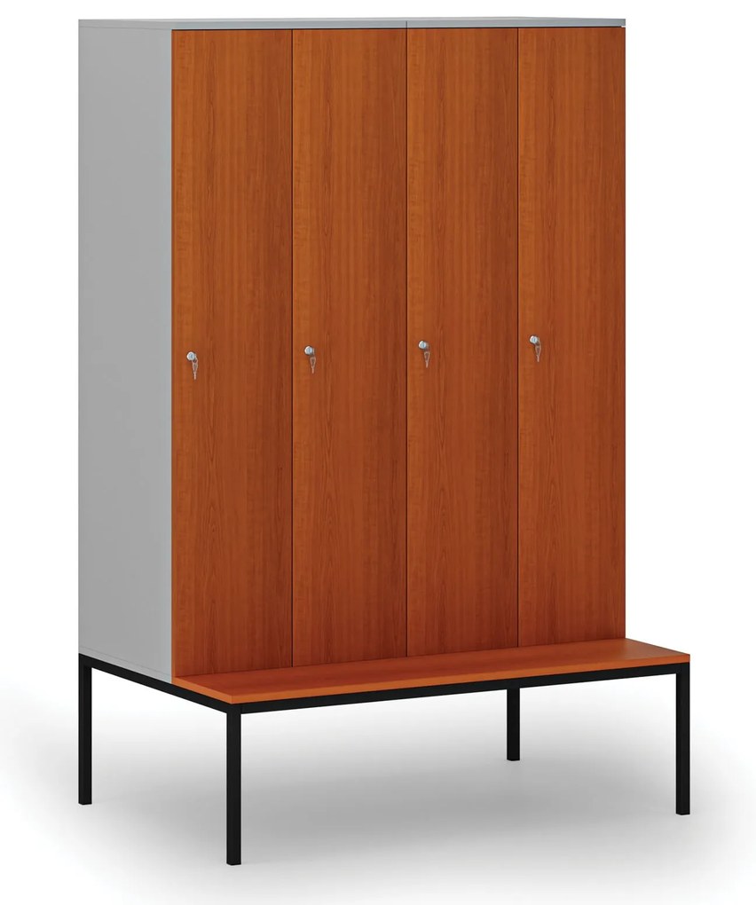 Drewniana szafa ubraniowa S4 z ławką, 4-drzwiowa, 1871 x 1200 x 500/800 mm, demontaż, zamek cylindryczny, szary/czereśnia