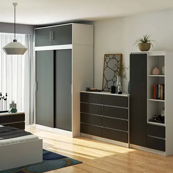 Przesuwna szafa z półkami i drążkiem biały + szary E8-N83