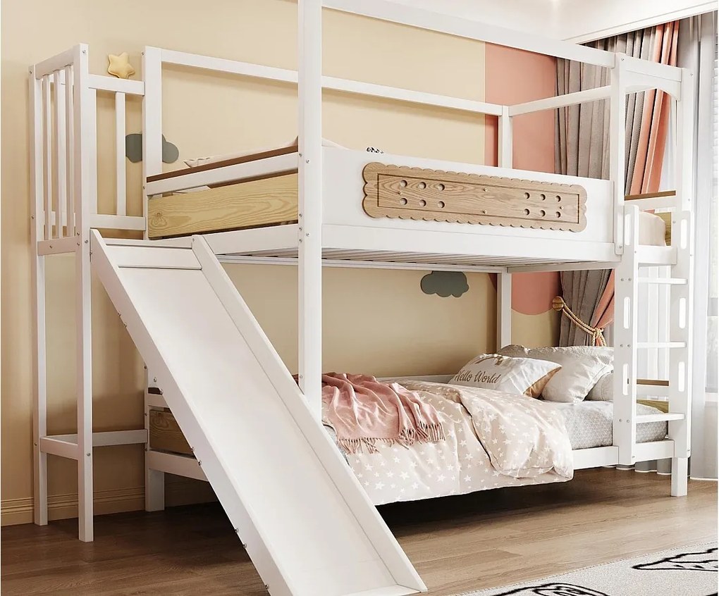 Łóżko piętrowe dziecięce 90x200 cm - z barierkami bezpieczeństwa - ze zjeżdżalnią - biały + kolor naturalny (materac nie jest wliczony w cenę)