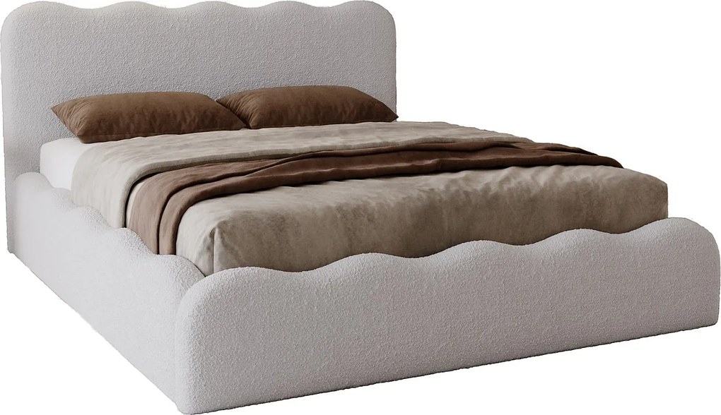 Emporius Wave łóżko 140x200 cm - łóżko z pojemnikiem, łóżko tapicerowane 140x200 do sypialni - tkanina boucle, jasny szary (Anthology 15)