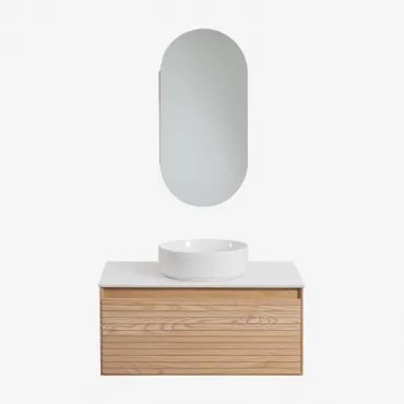 Zestaw Wiszących Mebli Łazienkowych Z Drewna Jesionowego Tedrik Popielaty Brąz & Okrągły Ceramiczny Biały Ø40 Cm - Sklum