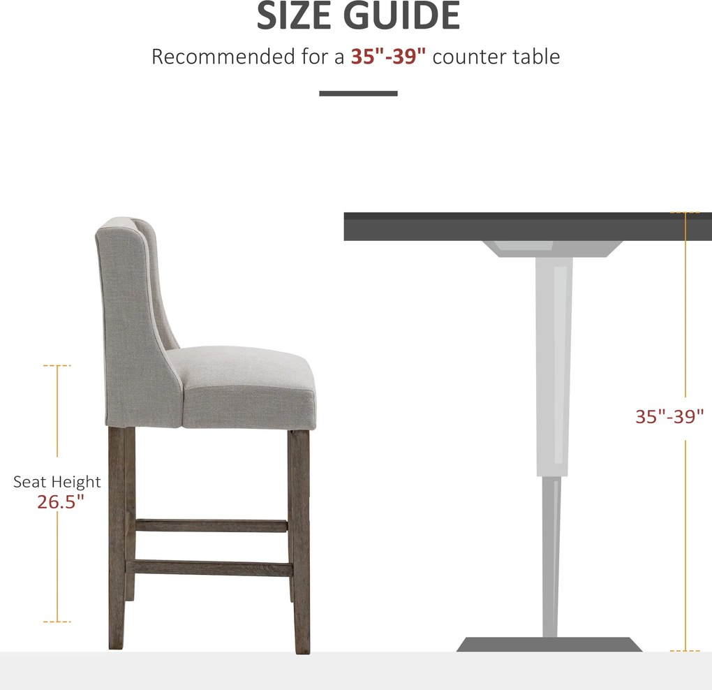 HOMCOM Zestaw 2 stołków barowych nowoczesne krzesła kuchenne tapicerowane imitacja lnu z drewnianymi nogami | Aosom PL