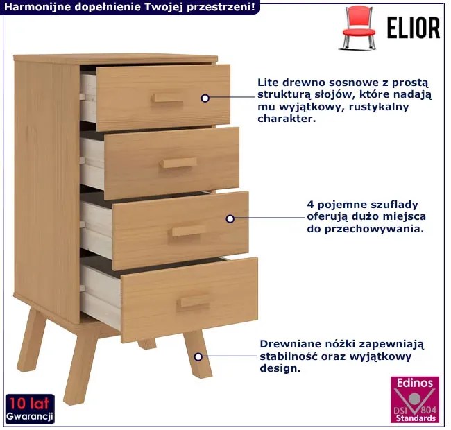 Sosnowa szafka nocna z 4 szufladami - Krebri 11X
