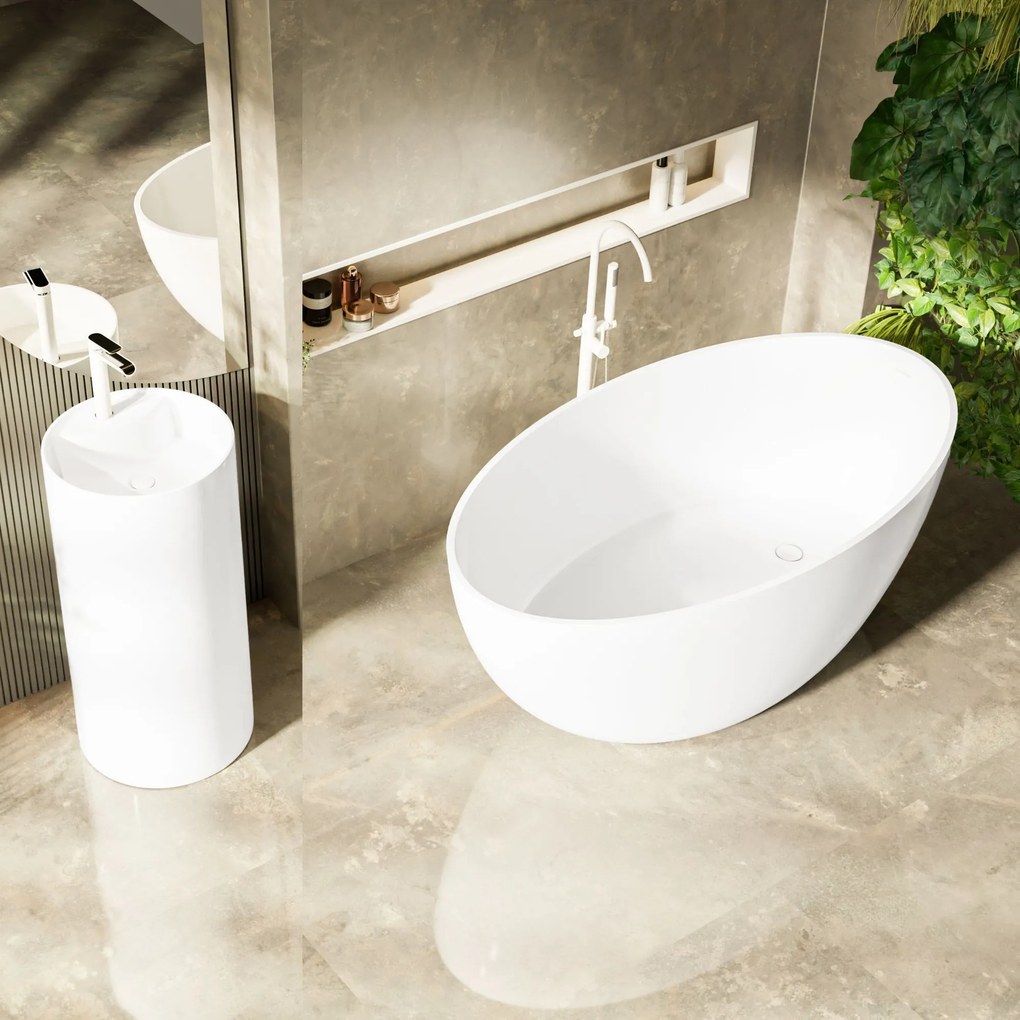 Wanna wolnostojąca owalna biała matowa z konglomeratu 160 x 85 cm KALMI MATT z przelewem typu SLIM cienki rant