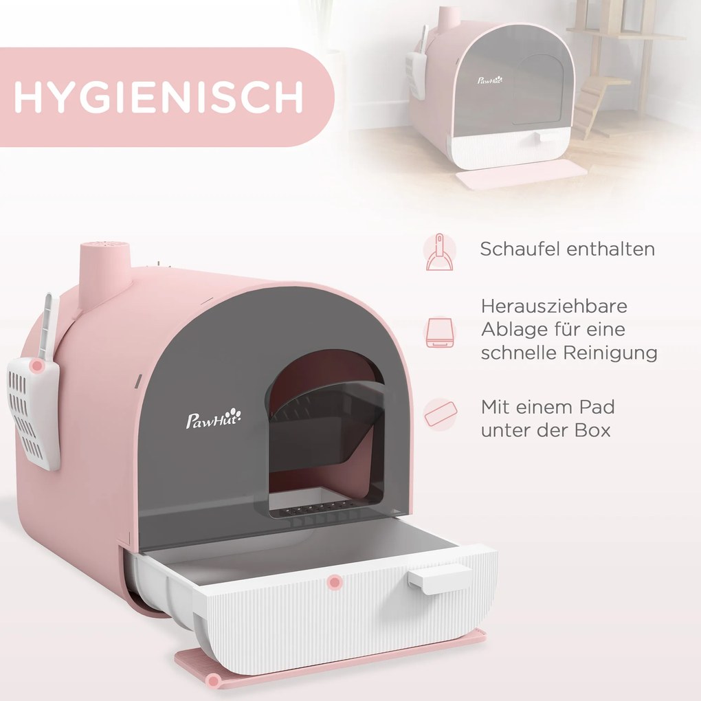 PawHut Kuweta z pokrywą, łopatką, matą łapie-żwirek, plastik, różowy/czarny