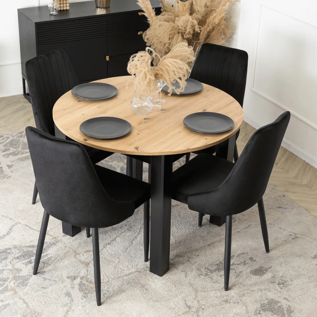 Zestaw Stół Okrągły Rozkładany HARRY 102-142 cm Dąb Artisan/Czarny i 4 Krzesła Tapicerowane BARI Czarne Nowoczesne