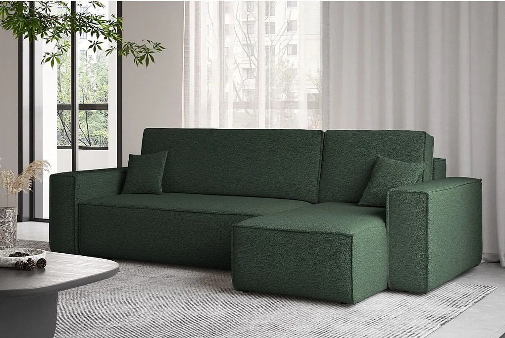 Narożnik z funkcją spania i pojemnikiem, Sofa w kształcie L, BEST L, tkanina Abriamo, Ciemnozielony, Prawy
