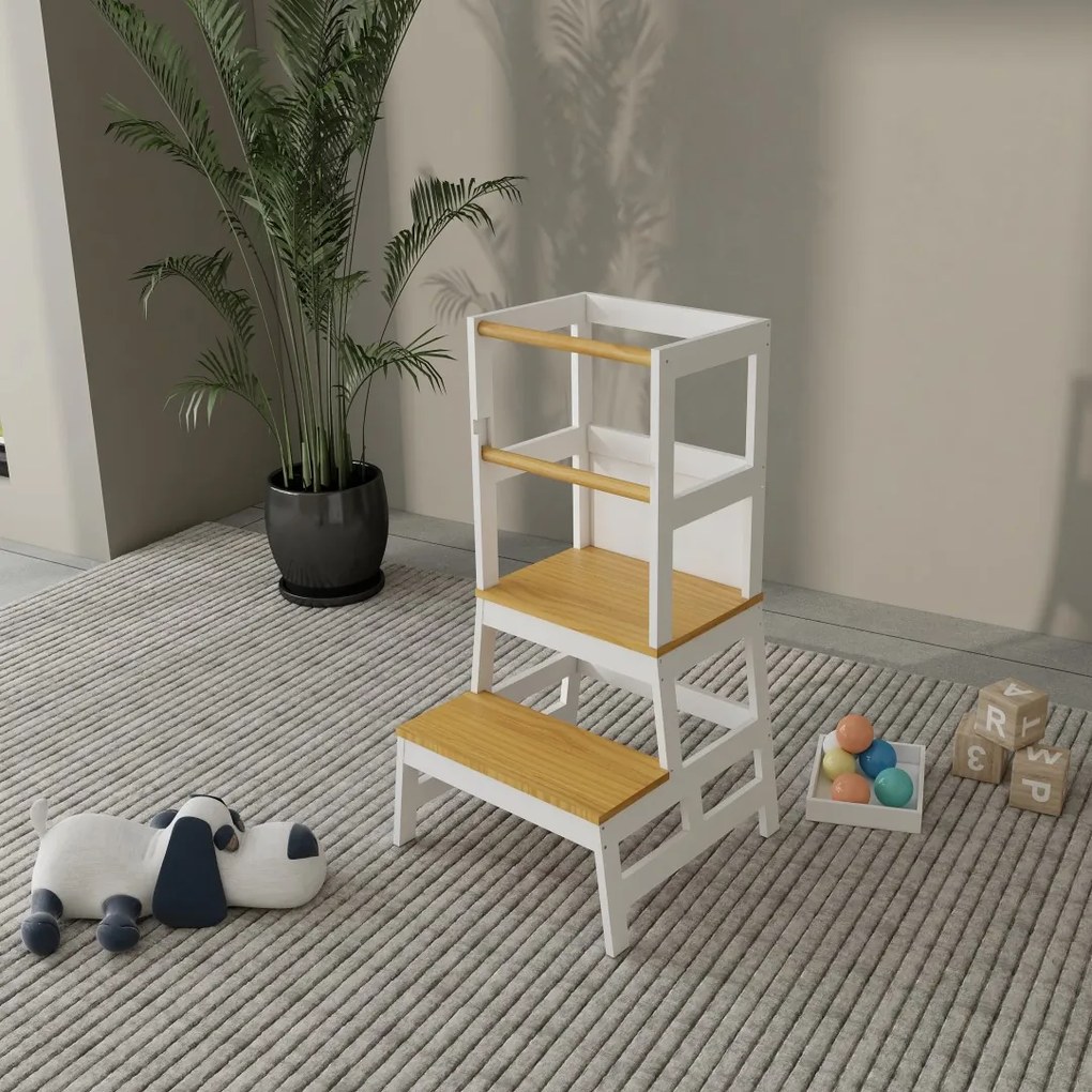 Jurhan Wieża edukacyjna PLAY z drewna sosnowego, 93x56x49, biała/naturalny brąz