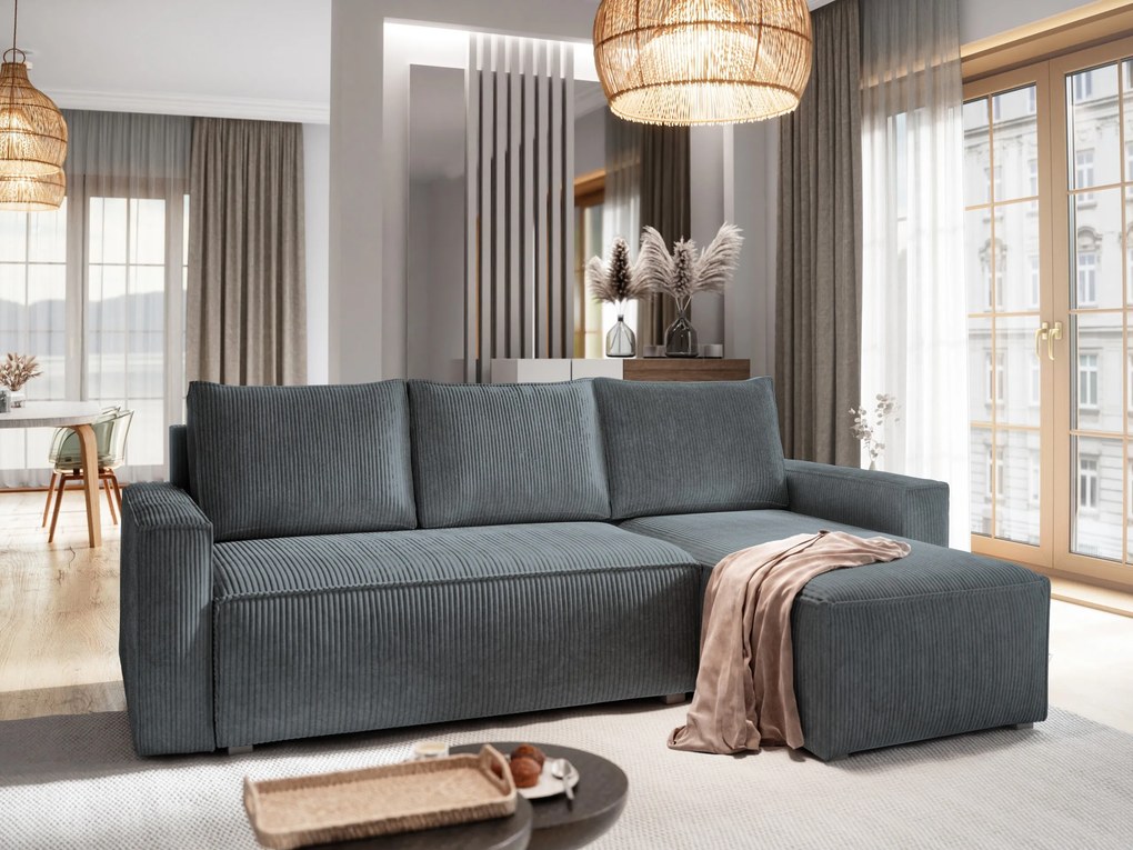 Masseno Narożnik POTARO z funkcją spania i pojemnikiem na pościel Narozniki L, Rozkładana sofa - Szary, POSO 60
