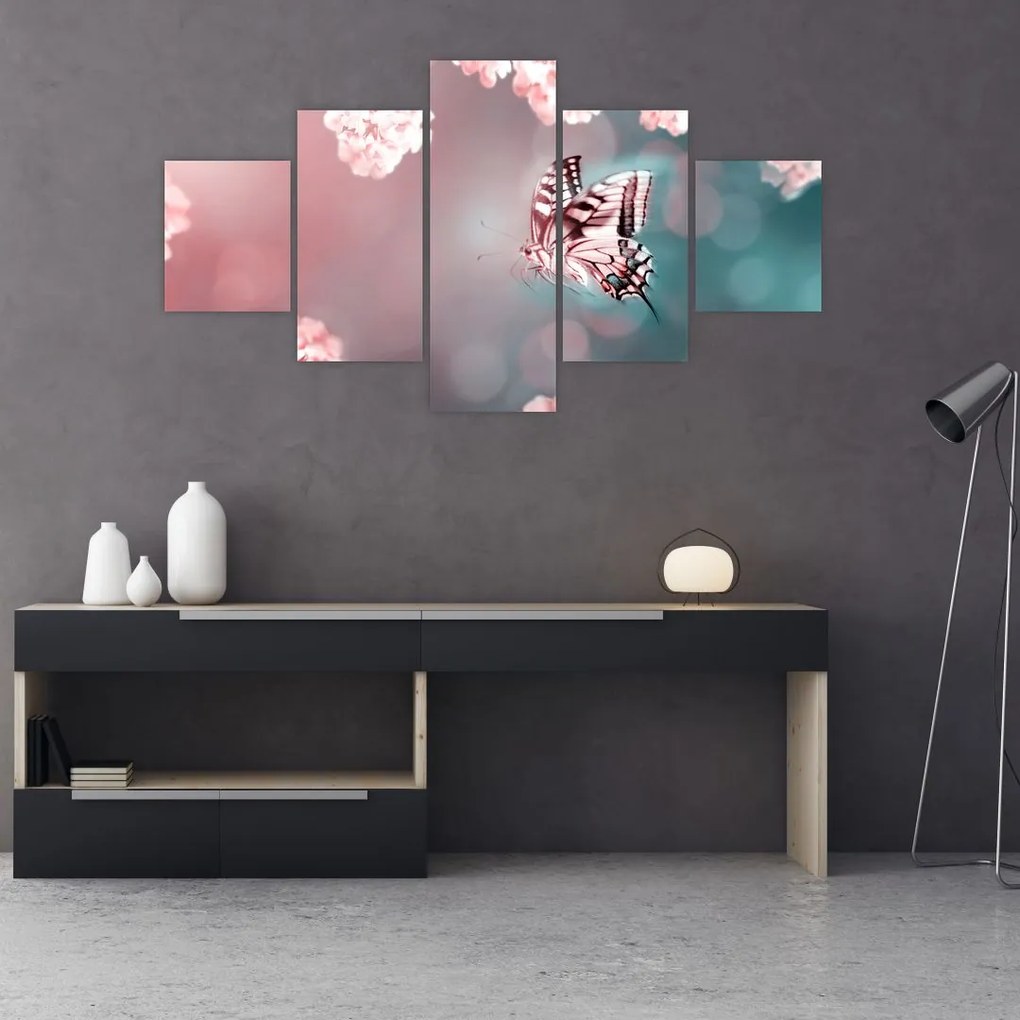 Obraz - Motyl wśród kwiatów (125x70 cm)