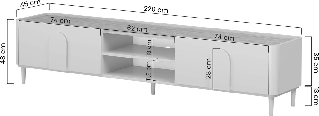 Szafka RTV Amilio 220 cm z szufladą na nóżkach - kaszmir / dąb olejowany / uchwyty dąb jasny