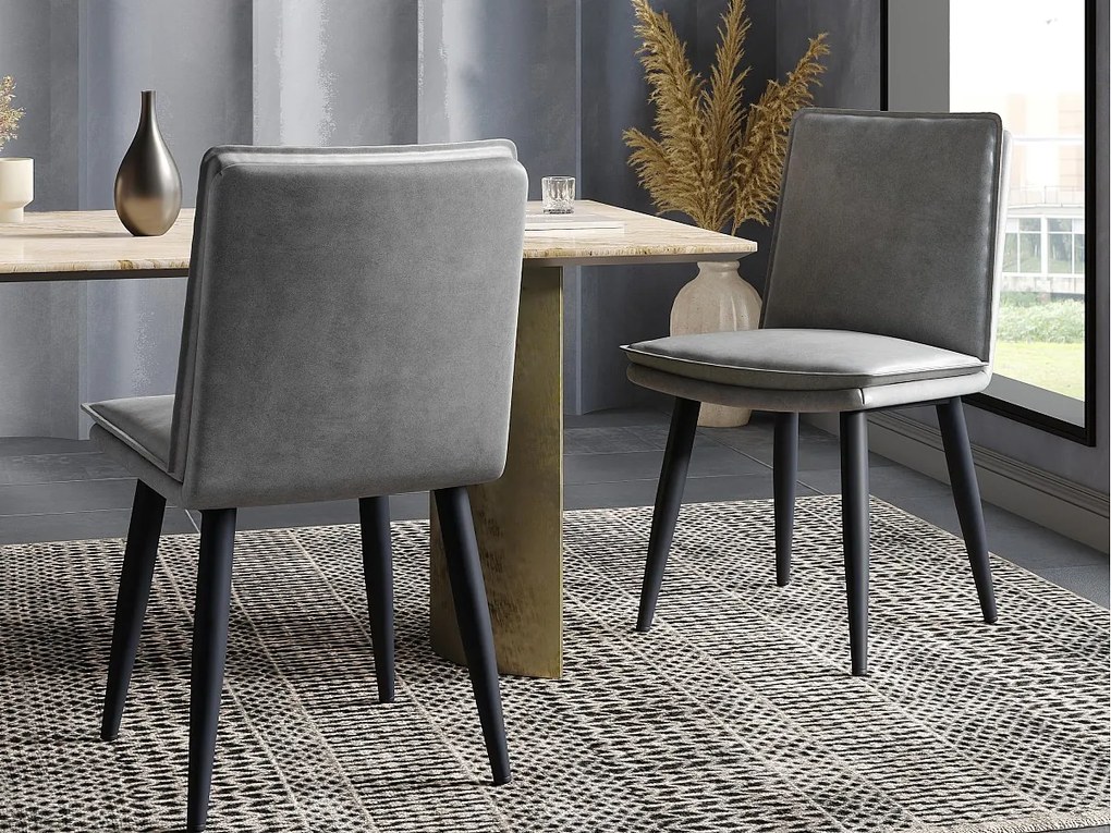Zestaw 2 krzeseł do jadalni - Podwójne poduszki - Tkanina PU - Nogi metalowe - Szary
