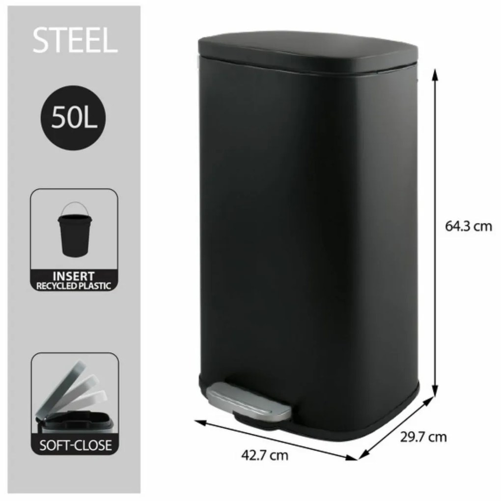 Spirella Kosz na śmieci z pedałem soft-close Akira 50 l, matowy czarny, 50 l