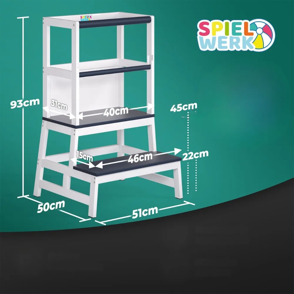 Wieża edukacyjna PLAY z drewna sosnowego, 93x51x50cm, biała/antracyt Spielwerk