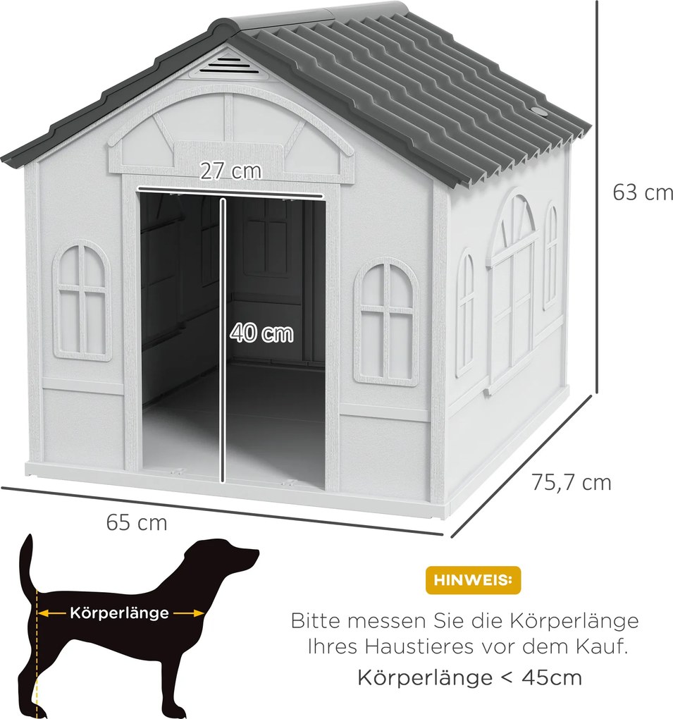 PawHut Buda dla psa z dachem dwuspadowym, odporna na warunki atmosferyczne, z tworzywa sztucznego, 65 x 75,7 x 63 cm, Szary
