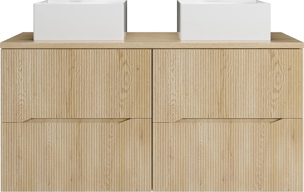 Szafka łazienkowa wisząca prążkowana z kwadratową umywalką nablatową – Jasny naturalny – 120 cm – ORISO