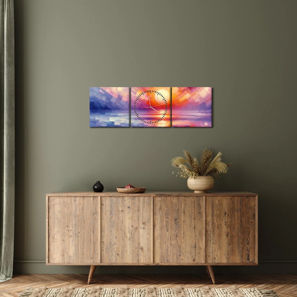 Obraz - Kolorowy artystyczny zachód słońca (z zegarem) (90x30 cm)
