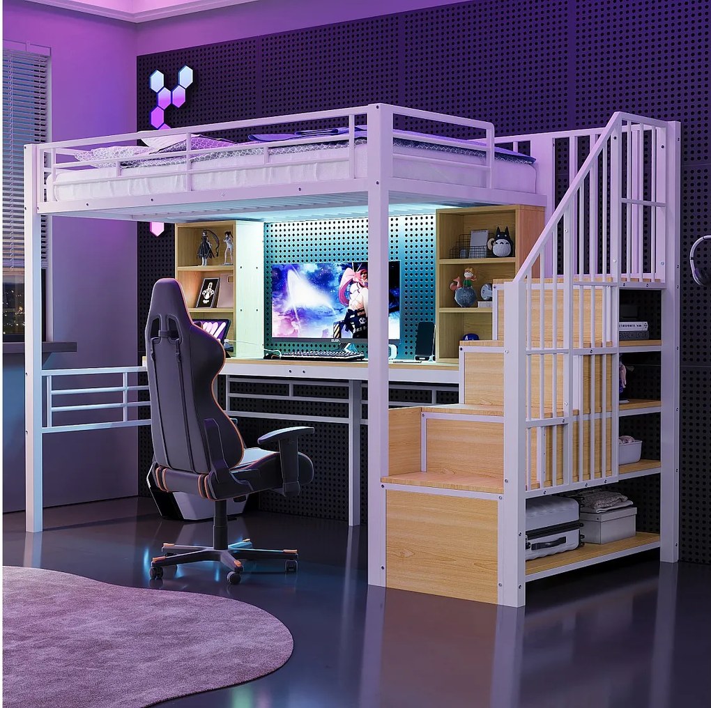 Łóżko piętrowe metalowe dla dzieci - 90 x 200 cm - z drabinką + półki + stolik + diody LED - białe