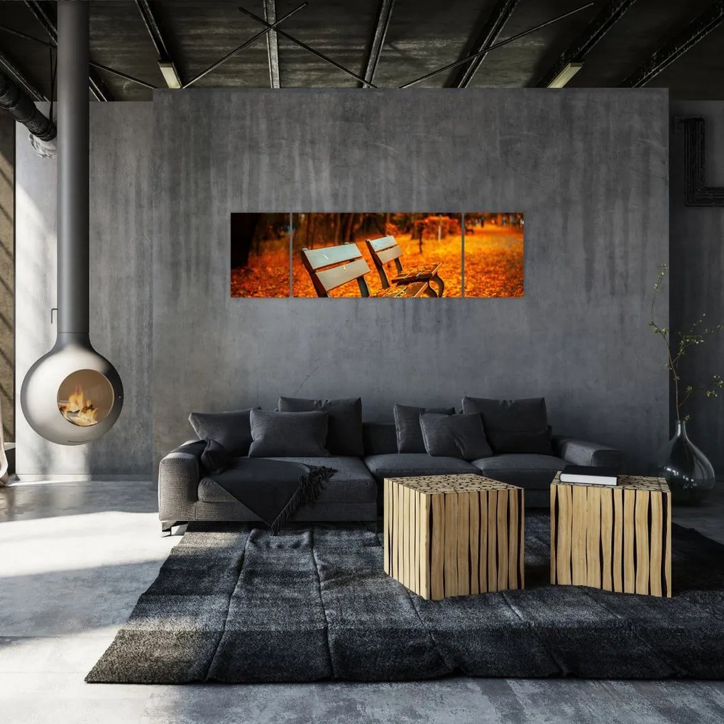 Obraz ławki jesienią (170x50 cm)