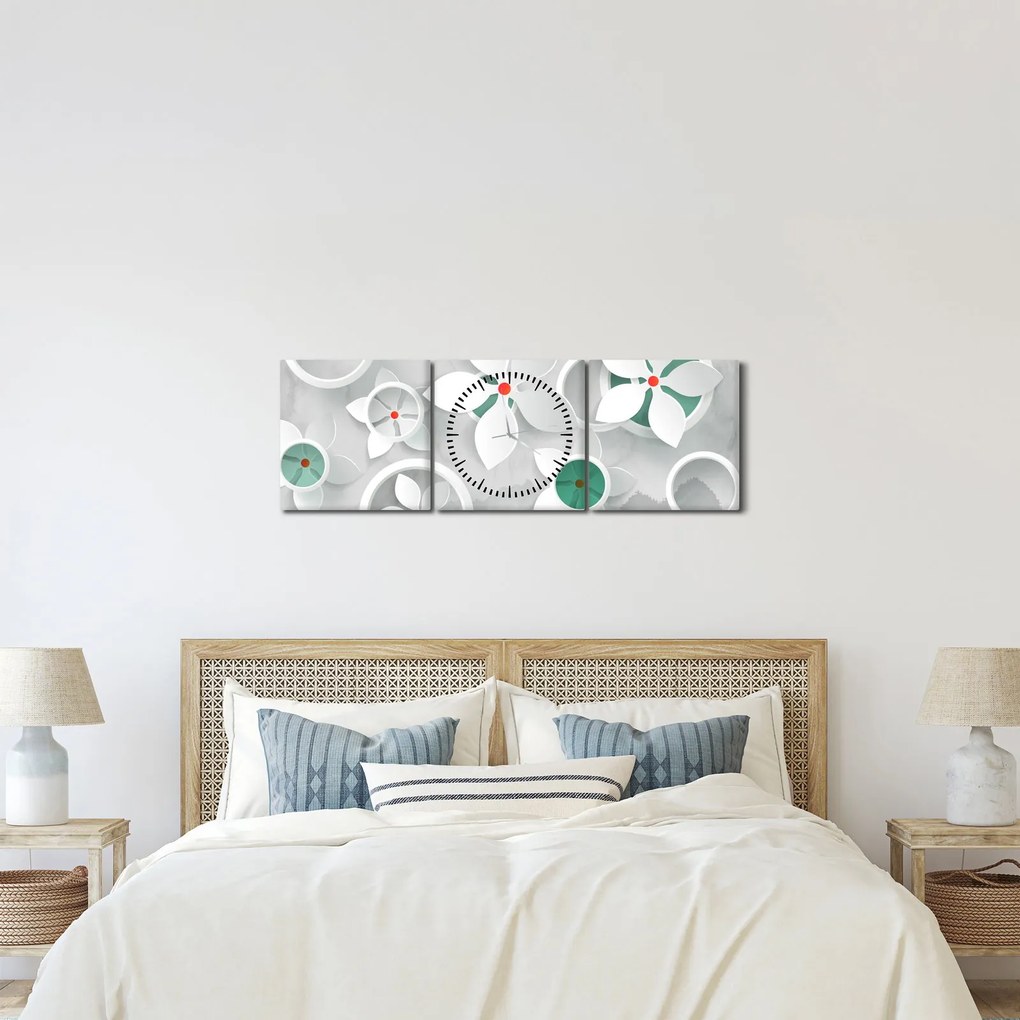 Obraz kwiatowej abstrakcji (z zegarem) (90x30 cm)