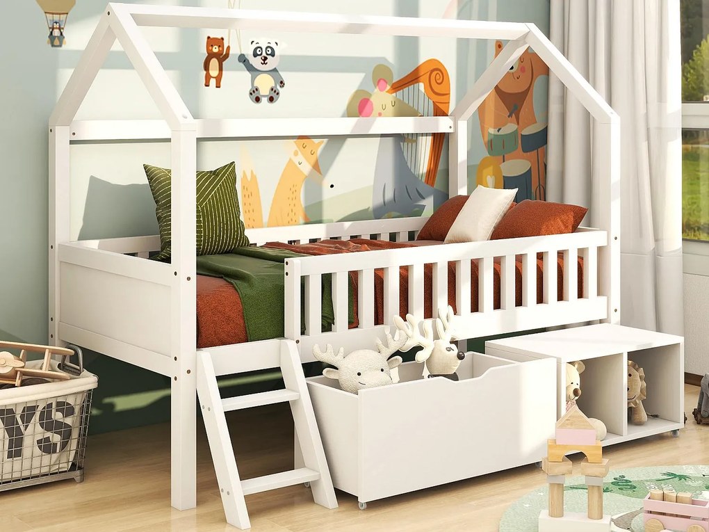 Łóżko z litego drewna - 90x200 cm - z schowkami i drabinką - Białe