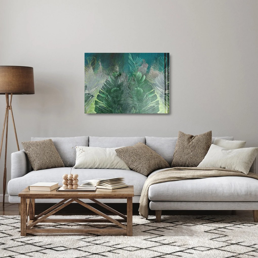 Obraz na szkle - Tekstura betonu z liśćmi (70x50 cm)
