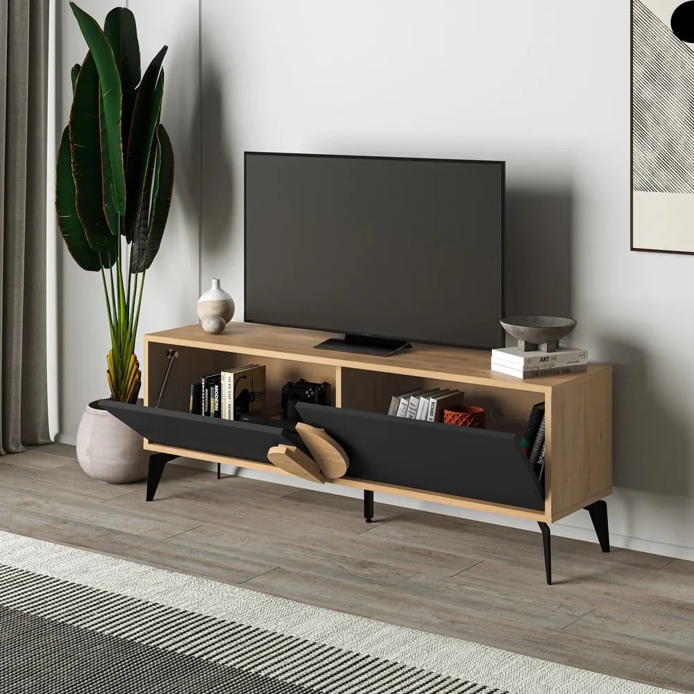 Czarna szafka pod TV w dekorze dębu 140x51 cm Vae – Marckeric