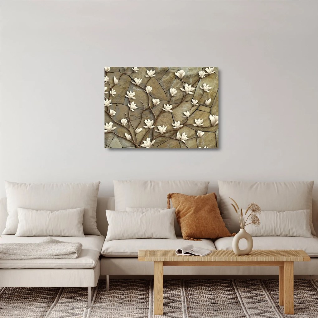 Obraz na szkle - Białe magnolie na murze kamiennym (70x50 cm)