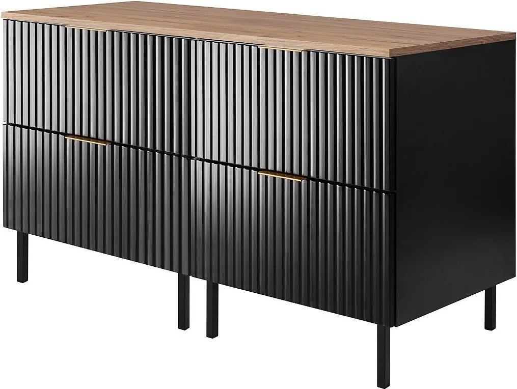 Szafka pod umywalkę, czarny/dąb Craft + złoty uchwyt, 120 (2 x 60 cm) x 77 x 46 cm + blat, czarne nogi