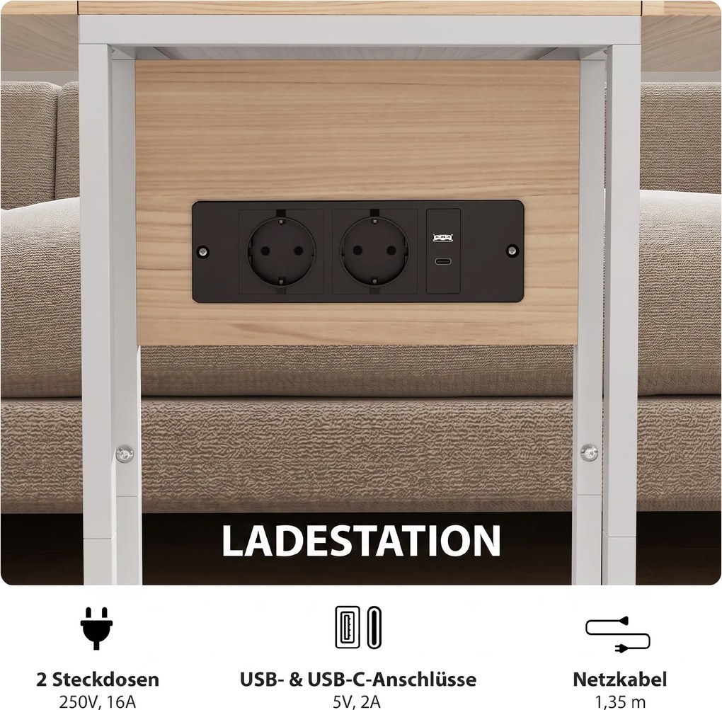 HOMCOM Składany stolik boczny, stacja ładująca z portami USB, metal, 39 x 29 x 57 cm, kolor drewna | Aosom PL