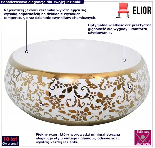 Biała umywalka nablatowa ze złotymi zdobieniami H1-T32