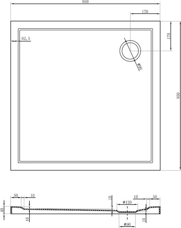 Mexen Flow brodzik kwadratowy slim 95 x 95 cm, biały połysk - 46S109595