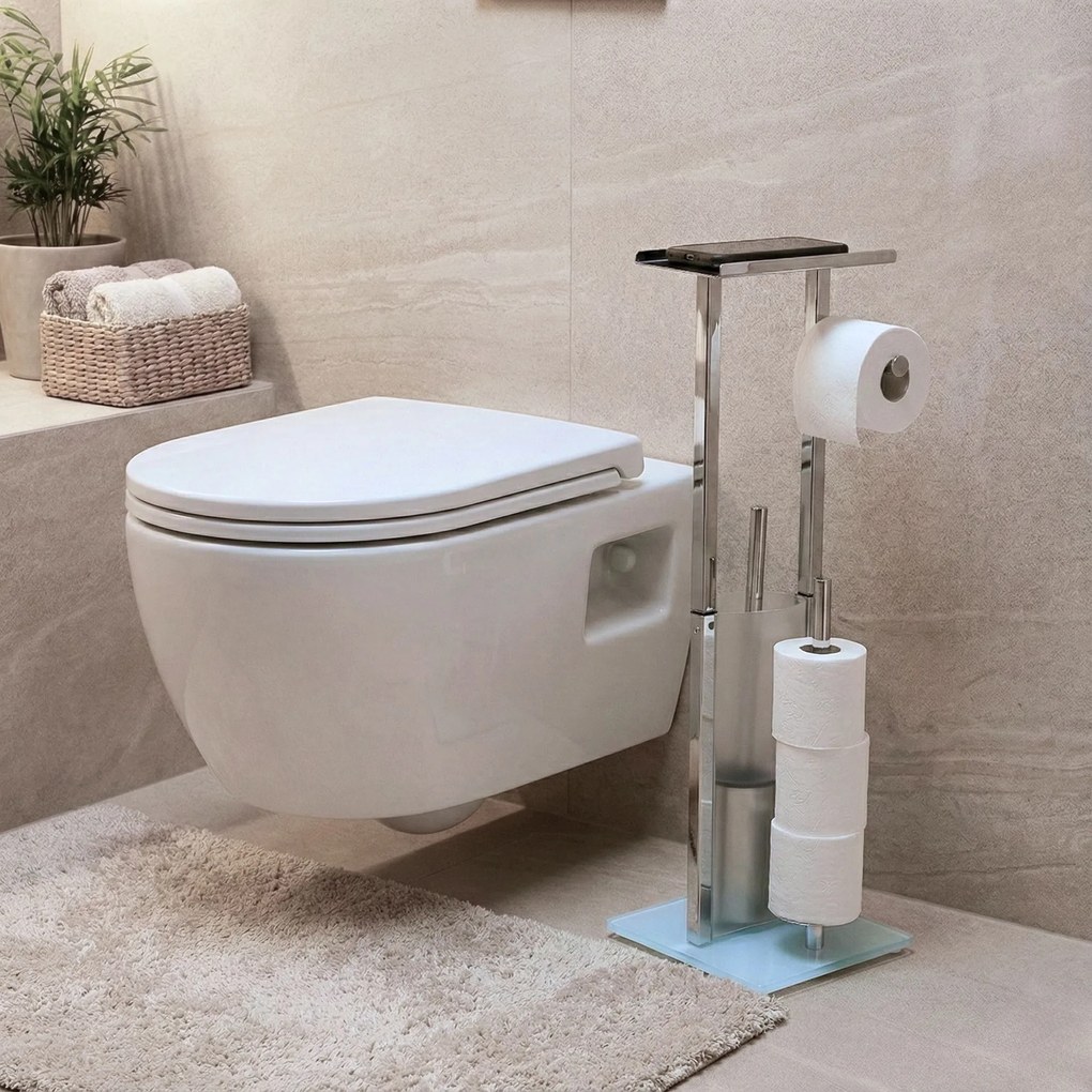 Stojak na papier toaletowy i szczotkę do WC z półką na telefon HYLLA,  65 cm