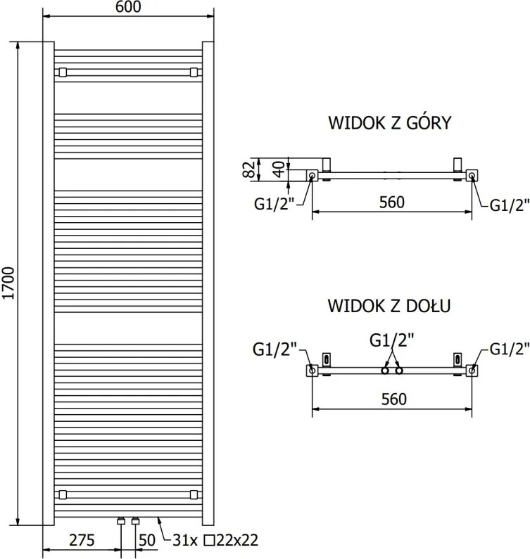 Mexen Pluton grzejnik łazienkowy 1700 x 600 mm, 991 W, czarny - W106-1700-600-00-70