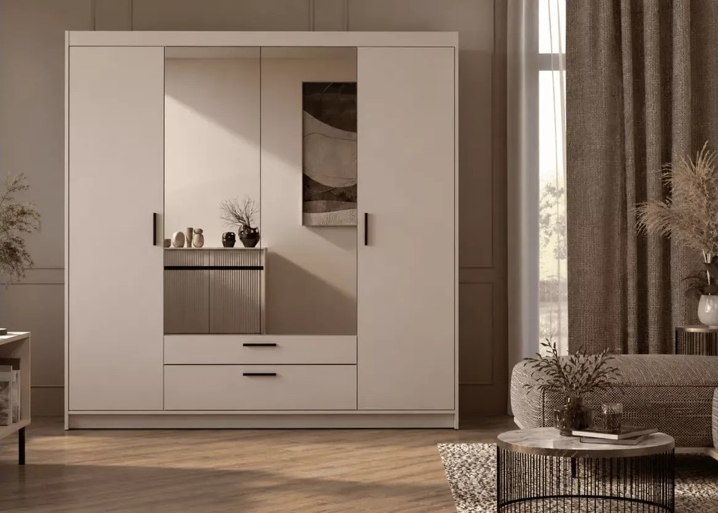 Szafa Ele 4 176 cm dąb piaskowy z lustrem – czterodrzwiowa z 2 szufladami, półkami i drążkami