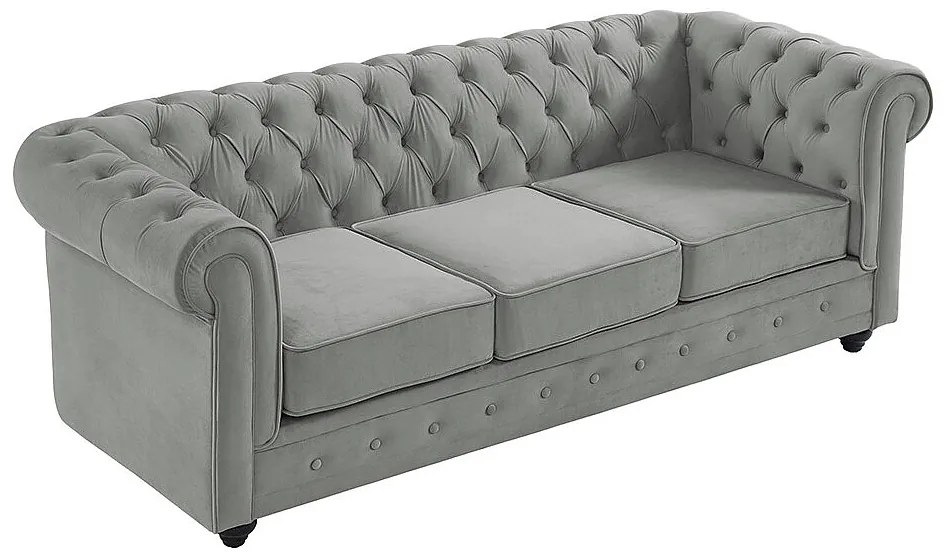Kanapa 3-osobowa i 2 fotele CHESTERFIELD - Jasnoszary welur
