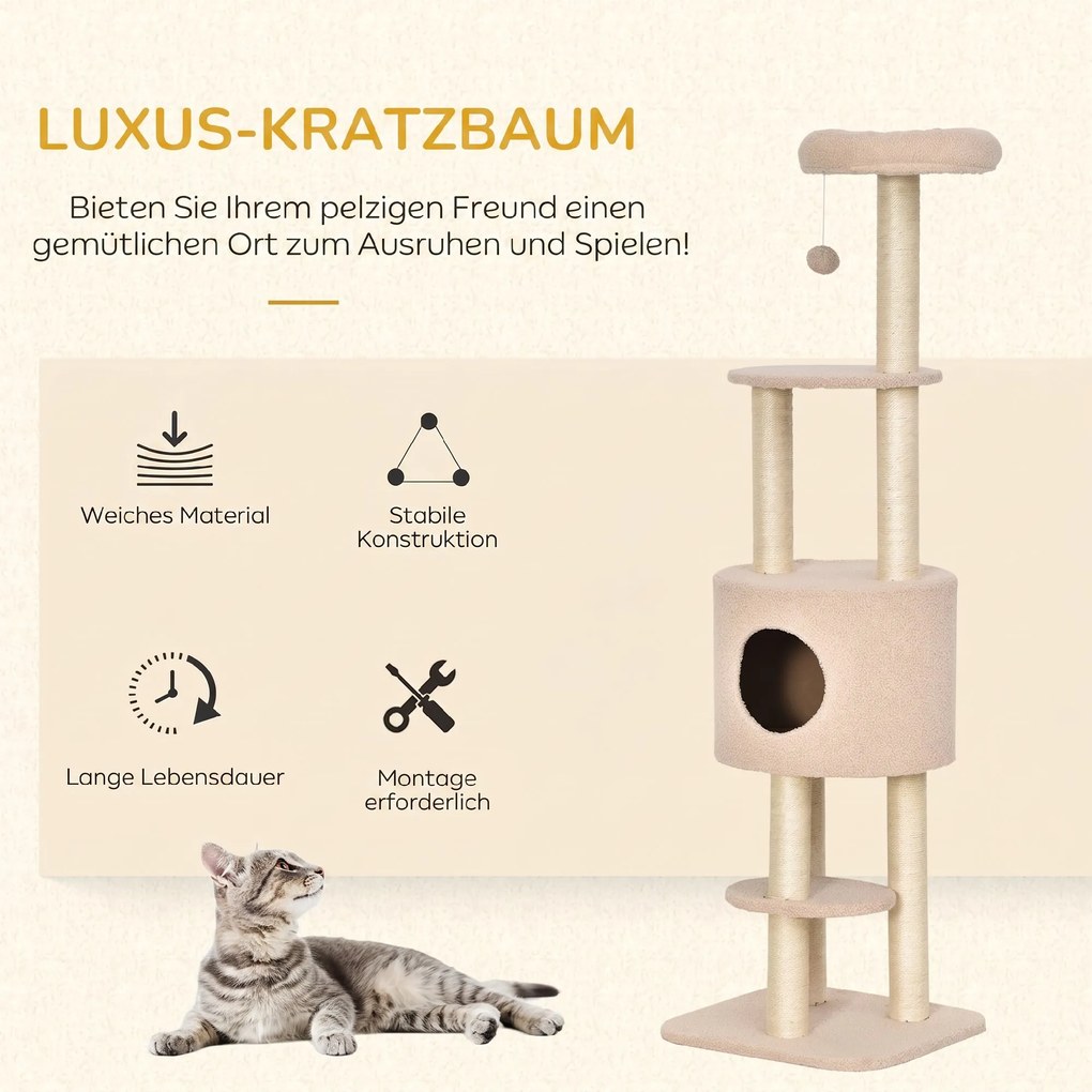 PawHut Drapak 148 cm wysokości drzewko dla kota z kryjówką, 4 zabawki, słupki sizalowe, duża platforma, wielopoziomowy dla kotów do 5 kg | Aosom PL