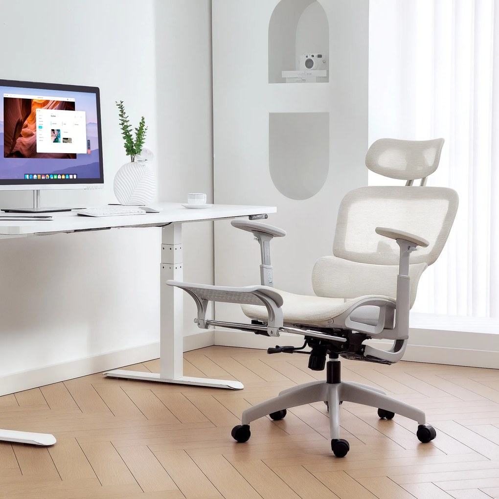 HOMCOM Fotel biurowy ergonomiczny z siatkowym obiciem, regulowany, na kółkach, z podłokietnikami i zagłówkiem, beżowy